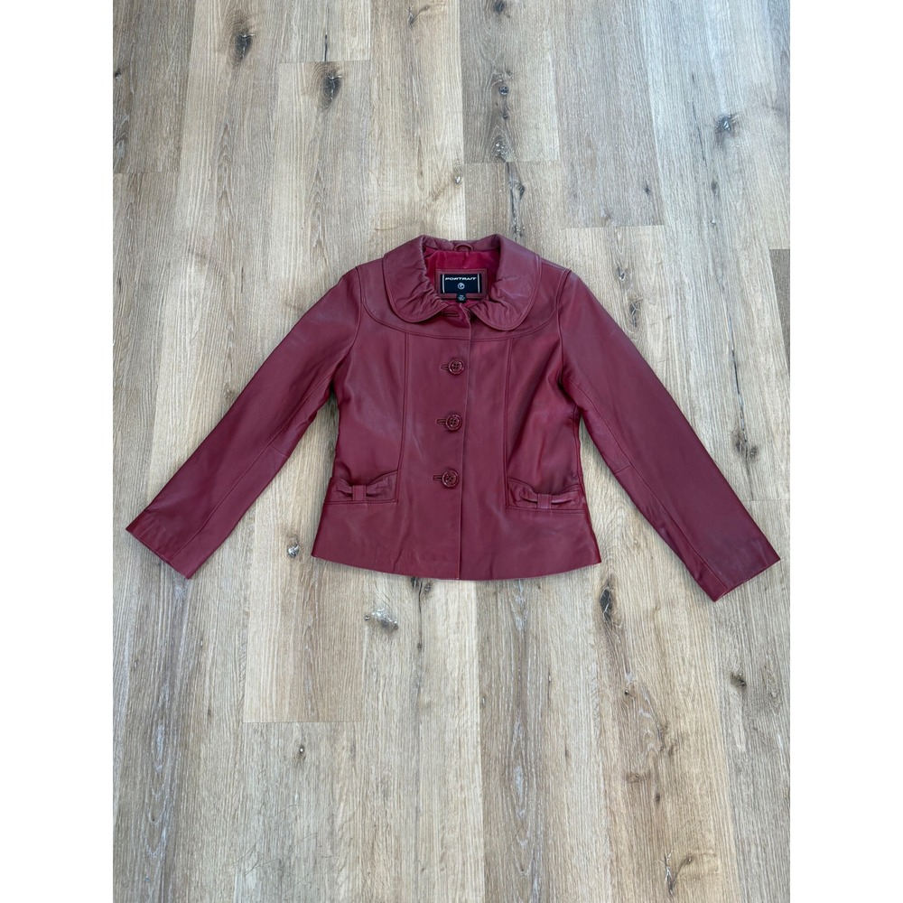 Portrait Leather Jacket Womens PS Burgundy Red Ruffle Collar Bows Coquette